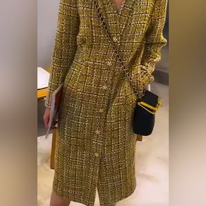Tweed dress that can be worn open as a cardigan or jacket.